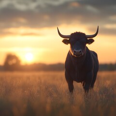 Sunset field bull silhouette, peaceful rural landscape, farm animal