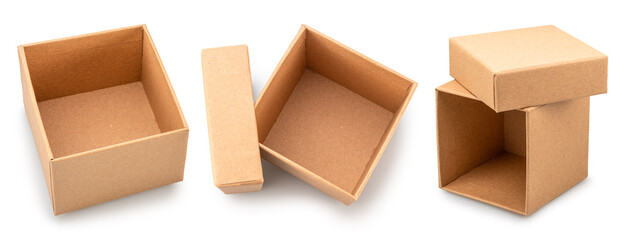 Three open empty cardboard boxes from different angles of view isolated on white background. File contains clipping paths.