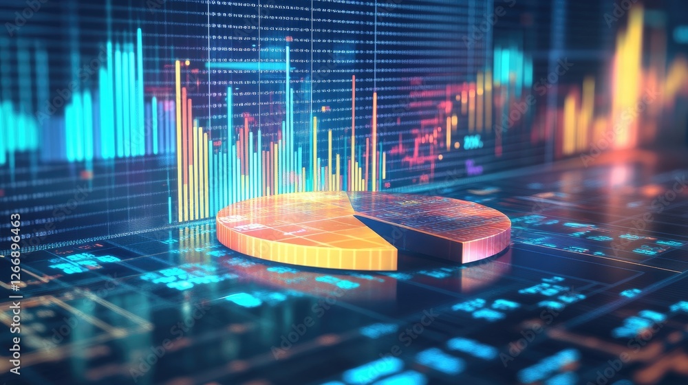 Fototapete A D pie chart with segmented sections showing different financial data points, hovering in a virtual space surrounded by numbers and data lines.