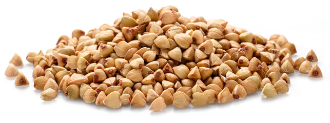 Hulled kernels of buckwheat cereal isolated on white background.