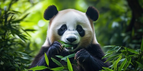 Obraz premium Giant panda eating bamboo in lush green forest habitat