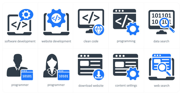 A set of 5 seo icons as software development, website development, clean code