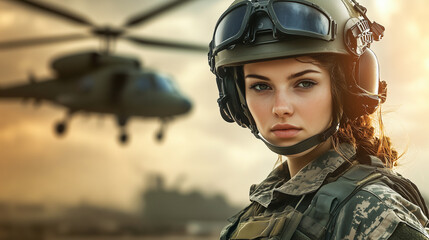 Female military helicopter pilot in tactical gear and helmet standing with a flying helicopter in the background, with copy space, symbolizing women in military service and airborne operations
