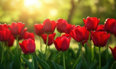 Obraz premium Vibrant red tulips blooming in sunlight with blurred green background