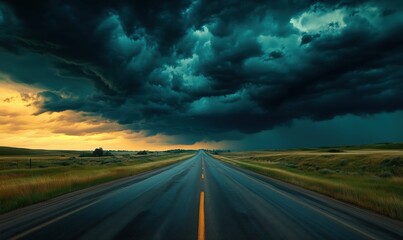 Fototapeta premium Dramatic stormy sky over empty highway with vibrant sunset colors