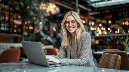 female SMM specialist works remotely on laptop in stylish cafe. SMM specialist creates content, manages social media, and  engagement. dedicated SMM specialist enjoys flexibility of remote work.