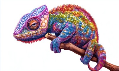 Obraz premium Colorful chameleon perched on branch showcasing vibrant scales and intricate details