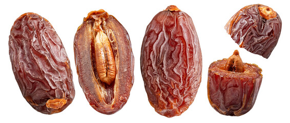 Set of semi-dry dates, or date palm fruits isolated on white background. File contains clipping paths.