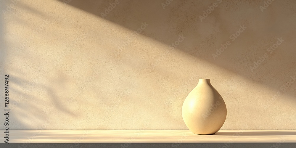 Poster minimalist beige vase on simple shelf with soft shadows and warm lighting