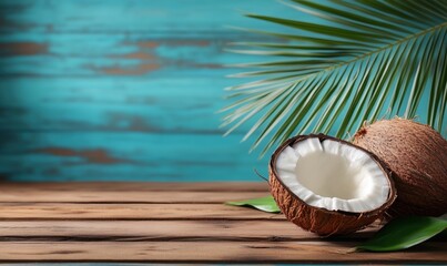 Fresh coconut halves on wooden table with tropical palm leaves and blue background