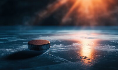 Hockey puck on ice rink with dramatic lighting and reflections