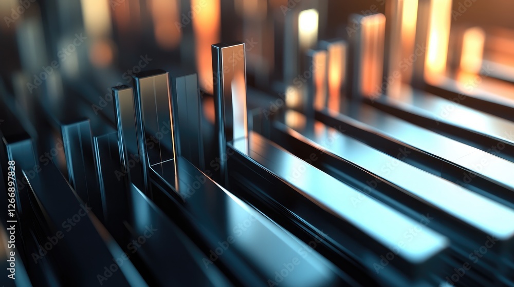 Poster a close-up of a d bar chart displaying financial data with metallic bars, showcasing different metri
