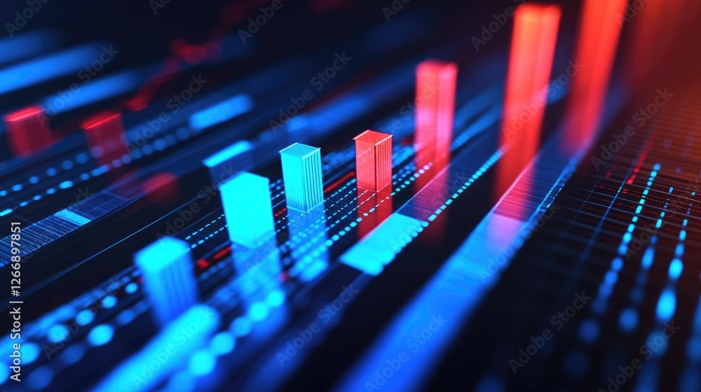 Poster a close-up of a d bar graph in blue and red, each bar representing different data sets in a financia