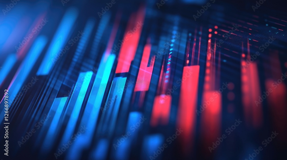 Poster a close-up of a d bar graph in blue and red, each bar representing different data sets in a financia