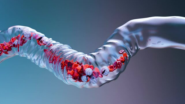 Flowing red and white blood cells in transparent vein, erythrocyte, flow inside in an artery, anatomy medical, 3d render