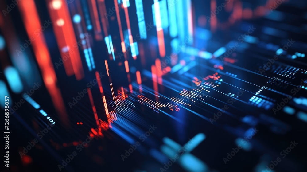 Poster a close-up of a d financial graph with light reflections and shadows, illustrating the depth and com