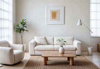 This image features a modern, minimalist living room with white walls, a white sofa, an armchair, and a wooden coffee table.