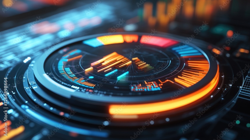 Poster a close-up of a sleek d pie chart with colorful segments floating above a futuristic interface, repr