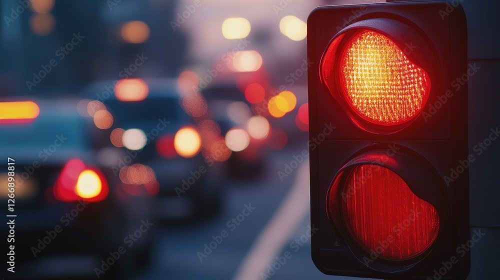 Poster a close-up of a traffic signal changing to red, with vehicles halted in the background, showcasing t