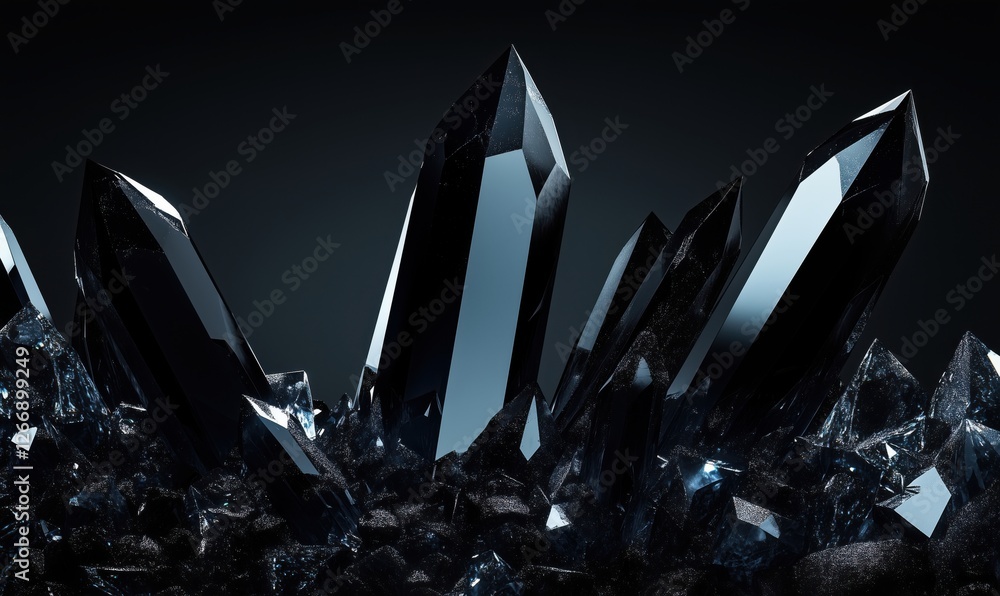 Poster black crystal formations with sharp edges and reflective surfaces on dark background