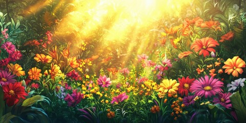 Vibrant flower garden illuminated by golden sunlight in lush greenery