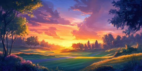Stunning sunset over a serene golf course landscape with vibrant colors and lush greenery