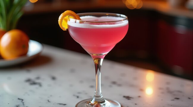 A vibrant pink cocktail in a classic martini glass, accented by a fresh orange wedge, exuding lively bar vibes