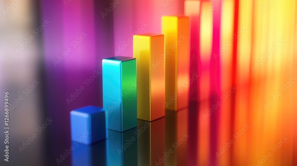 Poster a colorful d bar graph rising dramatically on a reflective surface, symbolizing growth and success i