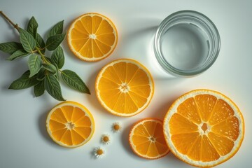 An array of healthy ingredients. Simple and minimalistic layout of orange slices, herbs and chamomile flowers with a glass of water.