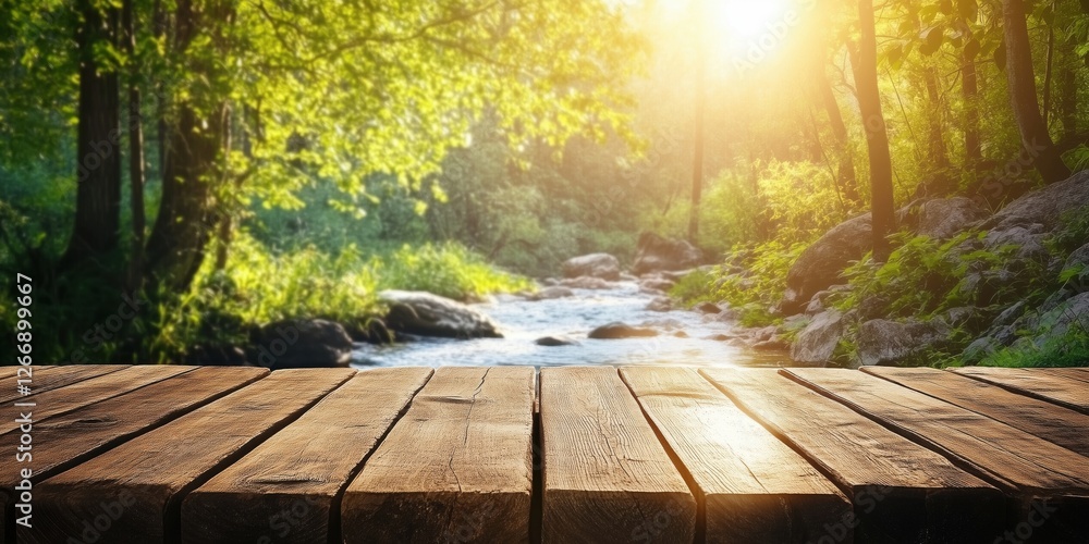 Poster wooden table overlooking serene forest stream with sunlight filtering through trees