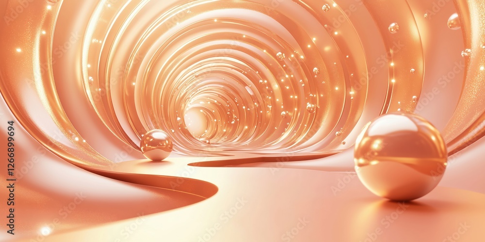 Poster abstract 3d tunnel with glowing spheres and swirling patterns in soft peach tones