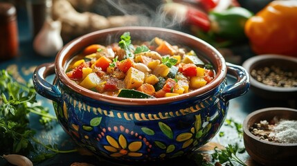 A colorful ceramic cooking pot filled with a steaming vegetable stew, surrounded by fresh ingredients like herbs and spices, showcasing a cozy home-cooking atmosphere.