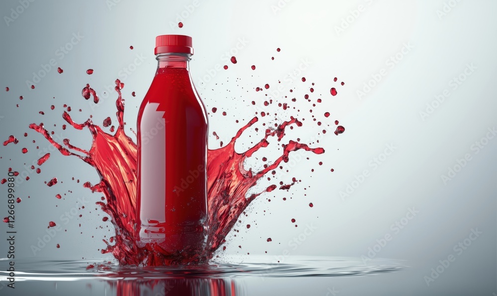 Poster red beverage bottle splashing in water creating dynamic liquid motion