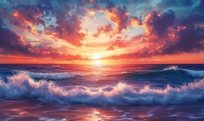 Fototapeta premium Stunning sunset over ocean waves with vibrant colors and dramatic clouds