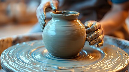 Crafting a clay pottery vase on a spinning wheel in a serene workshop setting