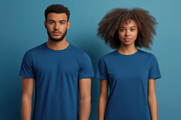 A young couple wearing a blue matching t-shirt mockup used as a design template