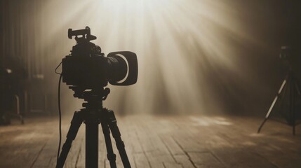 Professional camera on tripod in dimly lit studio
