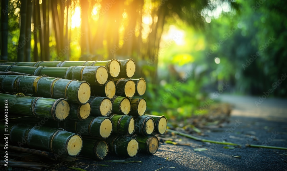 Poster bamboo stacks in lush greenery with soft sunlight filtering through trees