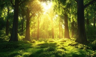 Obraz premium Sunlight Streaming Through Lush Green Forest Creating Serene Atmosphere