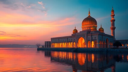 Beautiful mosque with golden dome and minarets reflecting on a calm lake at sunset. Islamic concept.