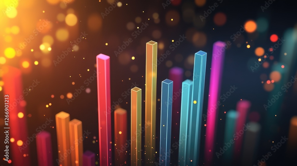 Poster a dynamic d bar graph with colorful segments rising sharply against a dark background, symbolizing i