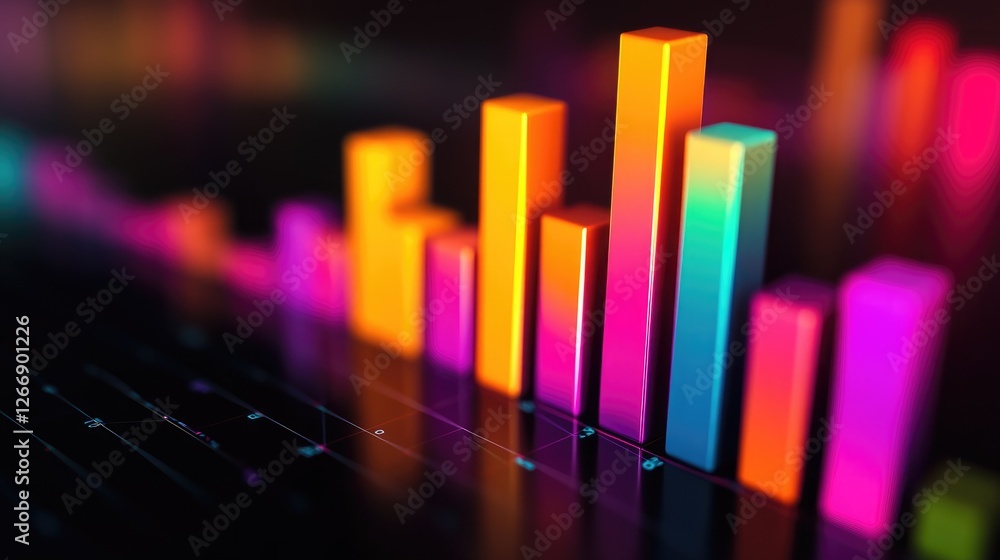 Poster a dynamic d bar graph with colorful segments rising sharply against a dark background, symbolizing i
