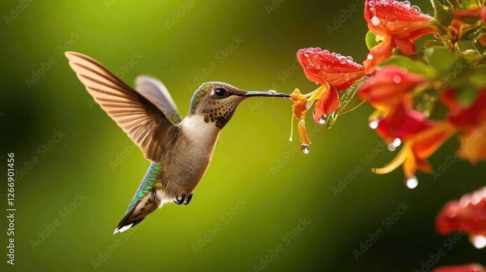 Poster a dynamic shot of a hummingbird hovering near a flower with dew drops, illustrating the interaction 