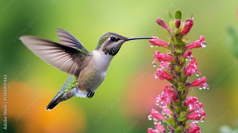Poster a dynamic shot of a hummingbird hovering near a flower with dew drops, illustrating the interaction 