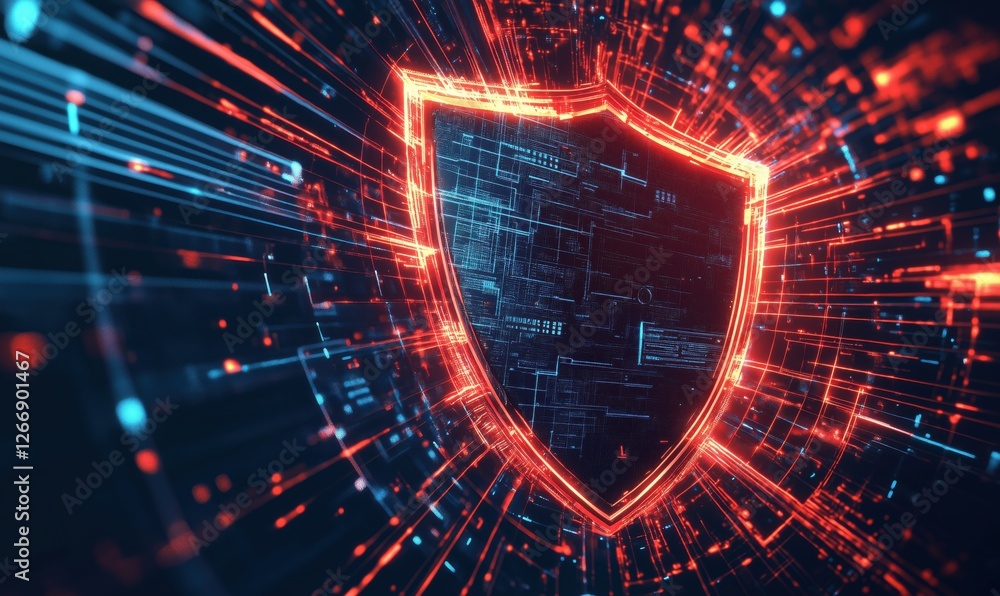 Poster digital shield symbolizing cybersecurity with glowing lines and data streams