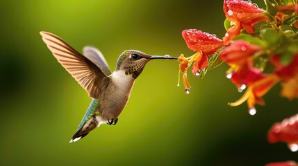 Fototapeta premium A dynamic shot of a hummingbird hovering near a flower with dew drops, illustrating the interaction between wildlife and the vibrant flora of a garden.