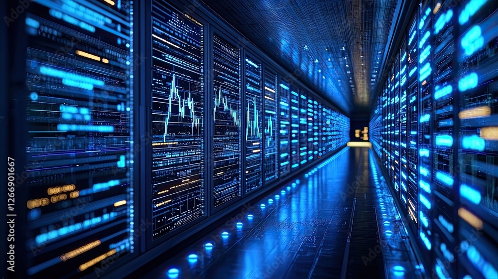 Poster rows of illuminated data servers in a high-tech data center showcase sleek design and advanced techn