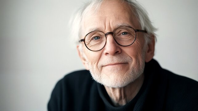 Close up of an old man with white hair and glasses wearing a black sweater.