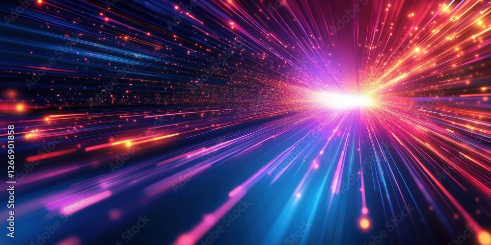 Poster colorful light rays and particles creating a dynamic burst effect in space