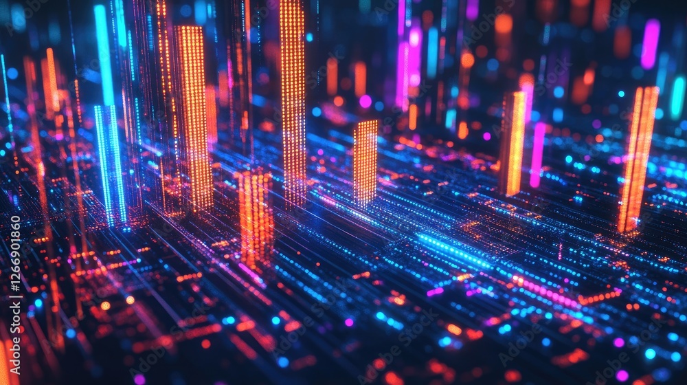 Poster a futuristic d bar graph with glowing edges and vibrant colors, set in a digital environment, repres